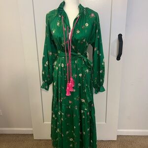Cynthia Rowley Green Floral Long Sleeve Dress with pink tassels size small